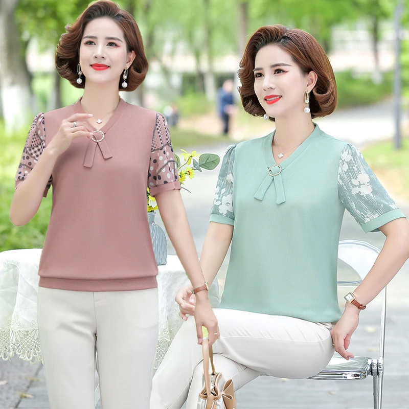 新款夏季妈妈装时尚短袖T恤中老年女装气质减龄宽松洋气打底衫女