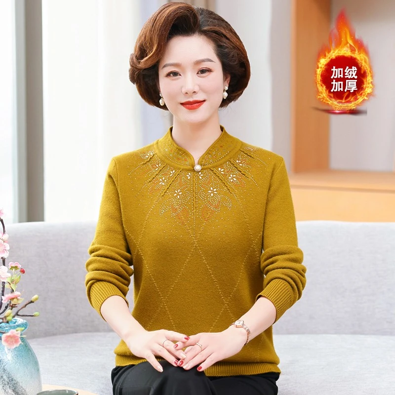 妈妈秋冬装加绒加厚毛衣洋气旗袍领上衣中老年女一体绒保暖打底衫