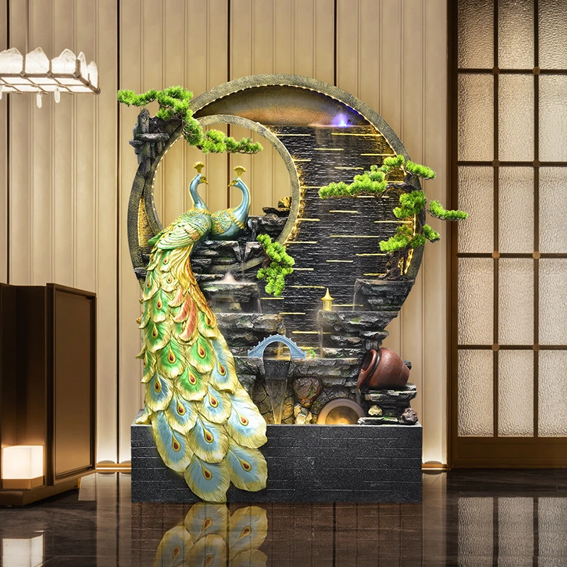 7139L流光溢彩孔雀流水墙景观酒店大唐前台开业办公室装饰屏风