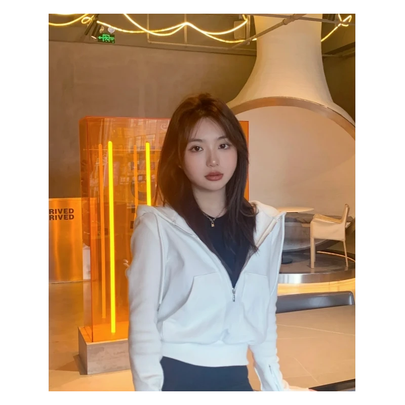 灰色双拉链短款连帽卫衣外套女春秋款薄款2024新款爆款小个子上衣