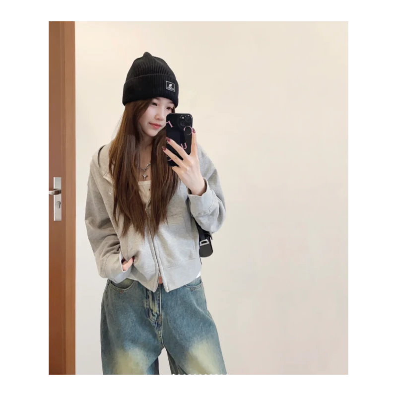 灰色双拉链短款连帽卫衣外套女百搭薄款2024新款爆款小个子上衣