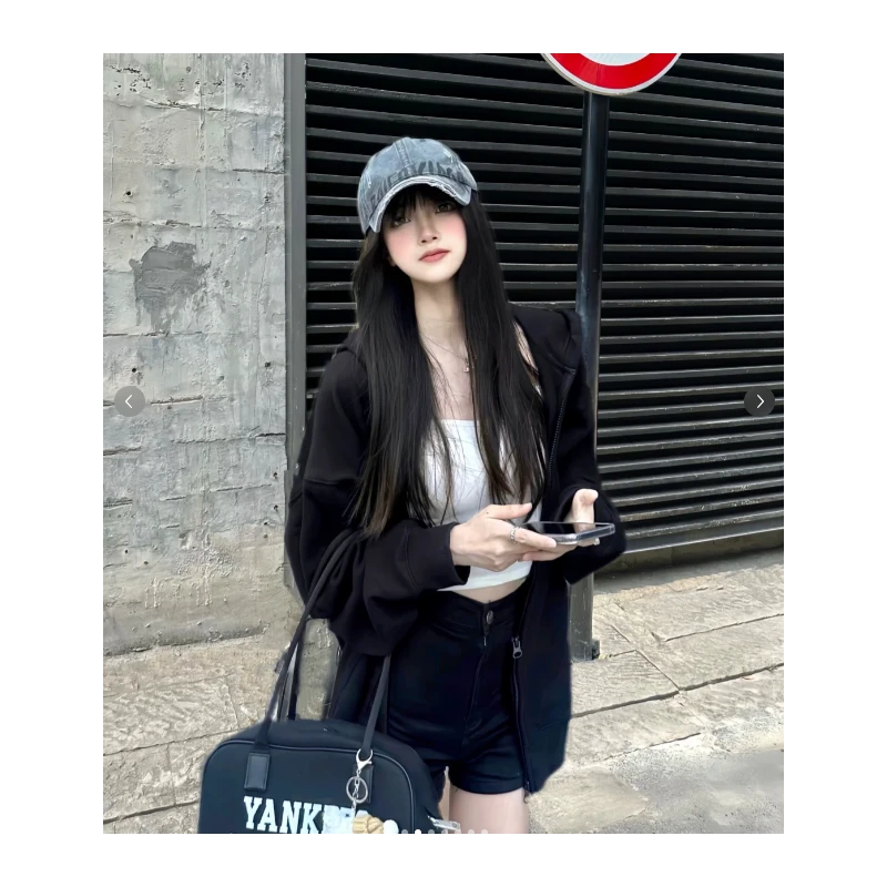 黑色卫衣外套女春秋小个子穿搭显瘦正肩初秋韩系穿搭早秋chic上衣