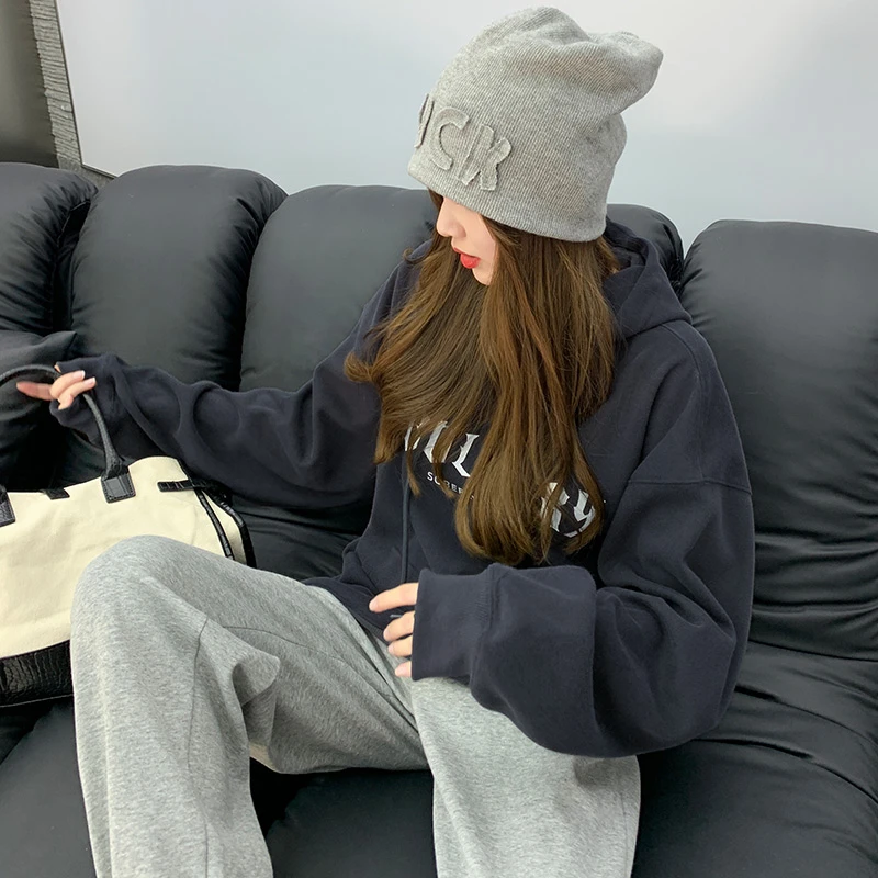 秋冬加绒长绒棉宽松美式连帽卫衣女春宽松外套小个子打底衫上衣