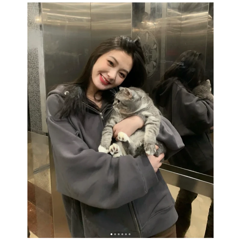 铁灰色连帽卫衣外套女春秋款百搭宽松上衣慵懒风通勤入秋韩系穿搭