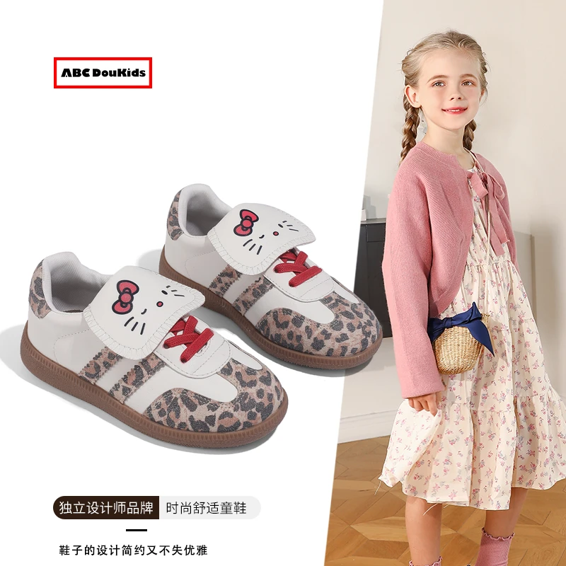 ABC Doukids时尚女童德训鞋2025豹纹德训鞋翻舌可爱猫咪