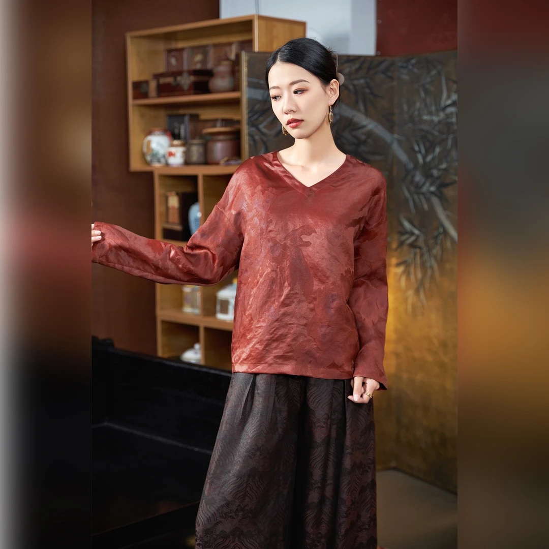 【万象有衣】油光缎大牡丹-原创款设计师款重缎香云纱上衣-6173