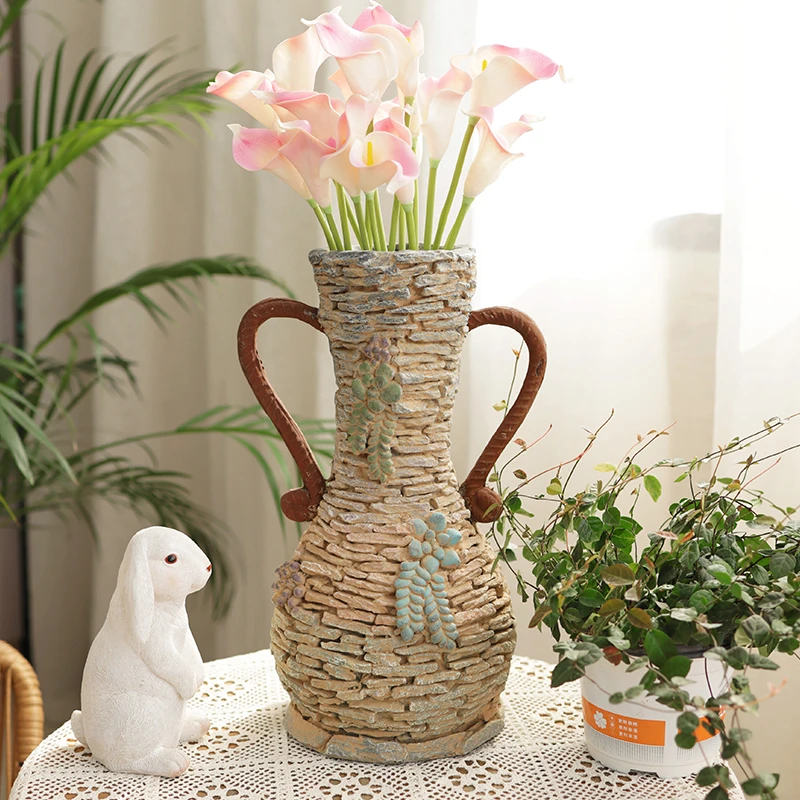 创意复古插花高花瓶大号客厅庭院阳台百合干花仿陶罐花园装饰摆件