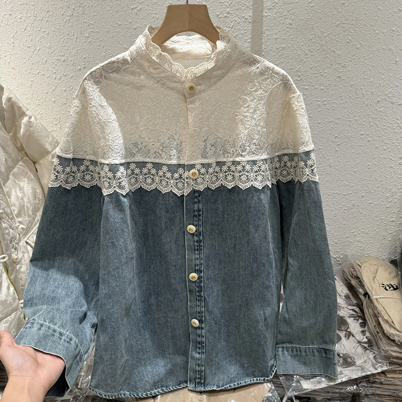 韩版撞色拼接蕾丝立领衬衣女2024年早春新款时尚减龄牛仔衬衫时尚