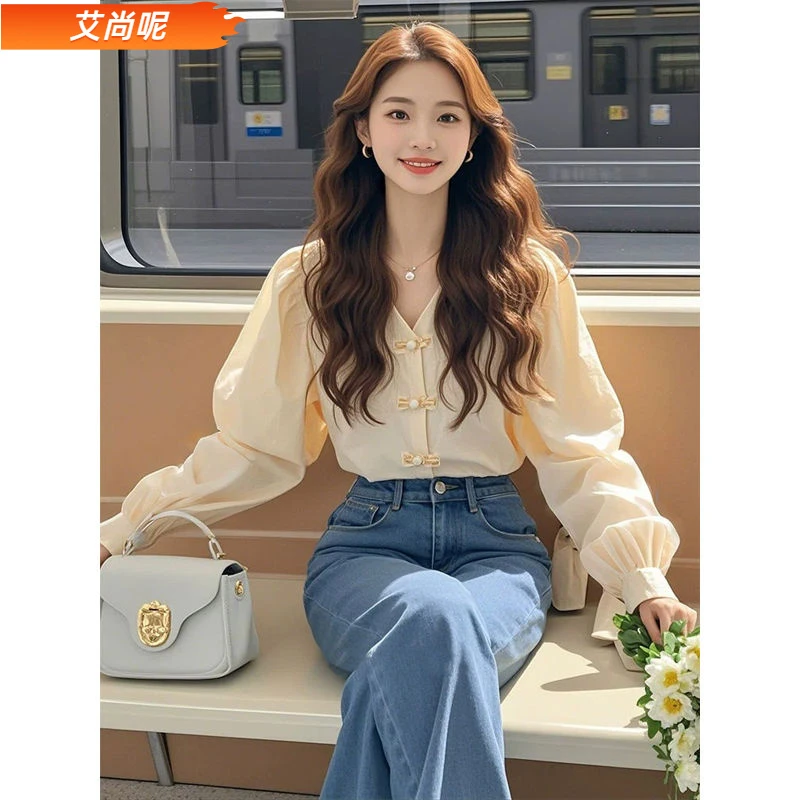 l新中式杏色盘扣长袖衬衫温柔气质感法式日常通勤泡泡袖上衣女1