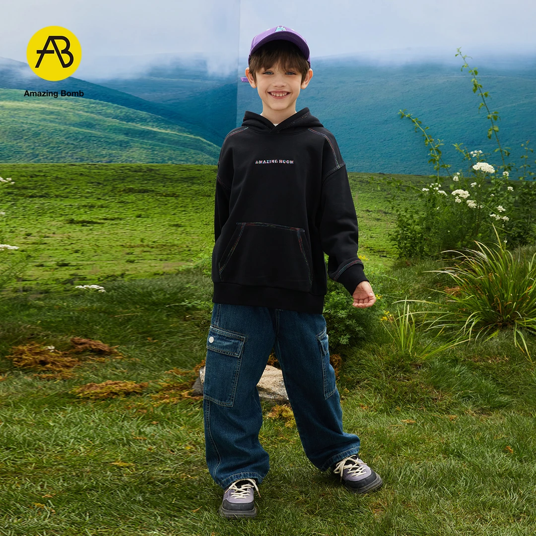 AB童装男童卫衣新款秋冬季外衣连帽韩版时尚彩虹明线卫衣潮童上衣