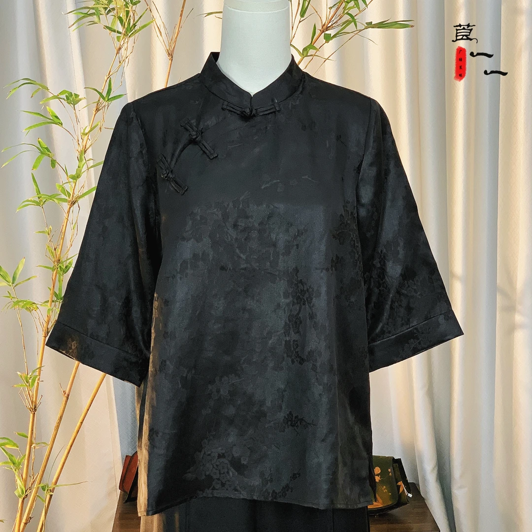 【梅言】香云纱提花新中式黑色宽松百搭黑色上衣