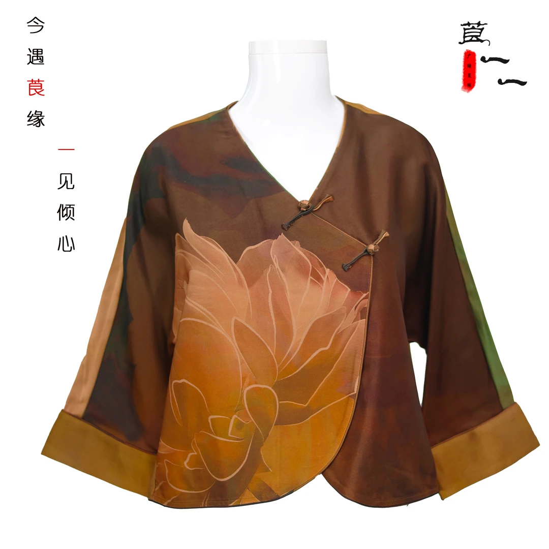 【莲心】复古国风高端荷花印花中式桑蚕丝V领斜襟盘扣上衣