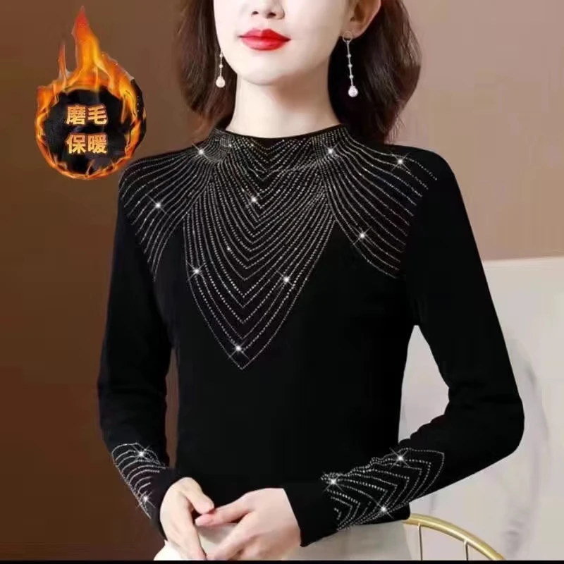 【浪琴加绒】打底衫女内搭秋冬新款时尚烫钻上衣修身显瘦长袖T恤潮