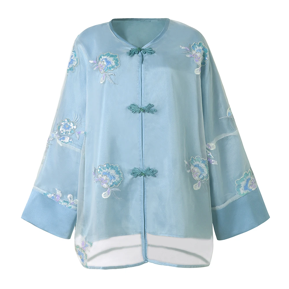 AVLINVA【玉瓶清欢】国风新中式有翡钉珠绣花绿色衬衫外套女