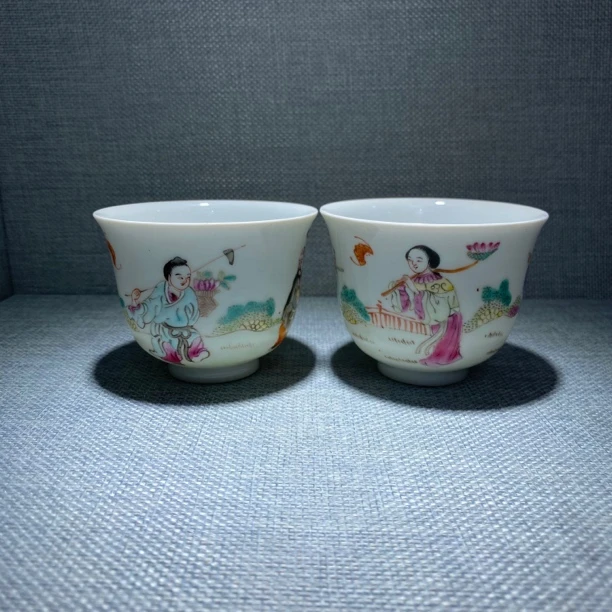 粉彩人物纹茶杯细路主人杯一对