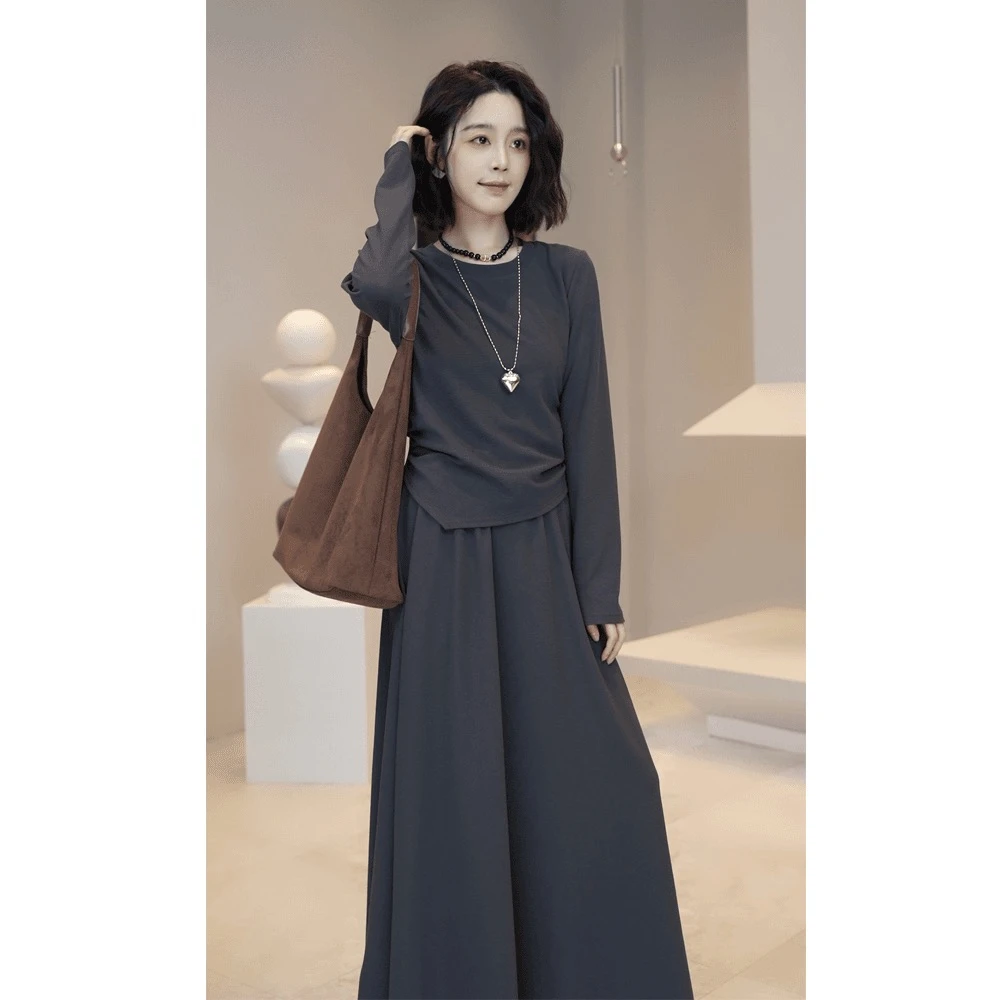 早秋圆领长袖显瘦高腰半身裙气质时尚法式轻熟风两件套