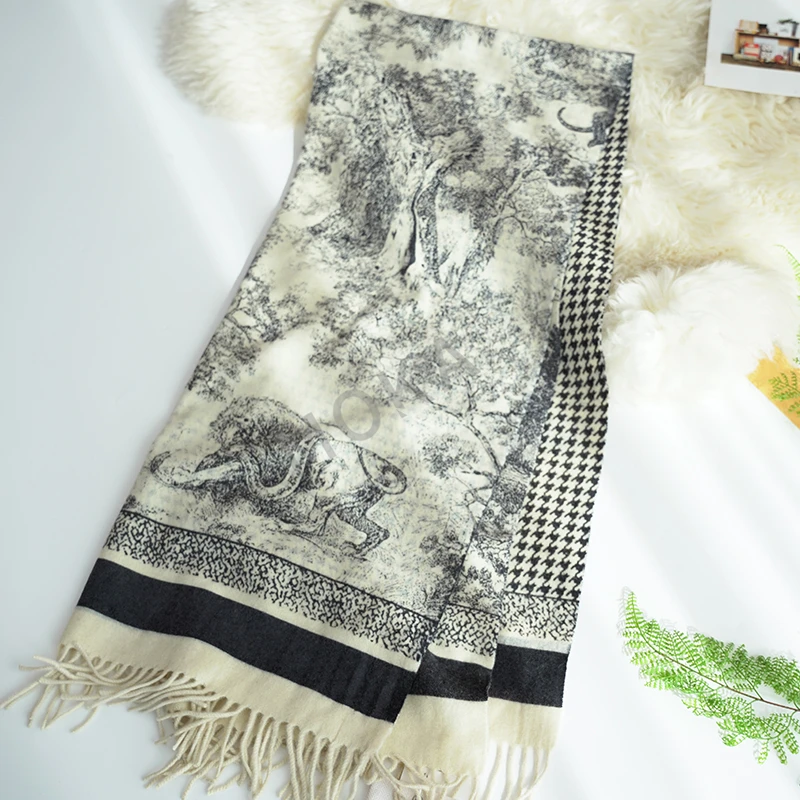 双面千鸟格全羊毛水墨画印花披肩女士围巾（241801）2358