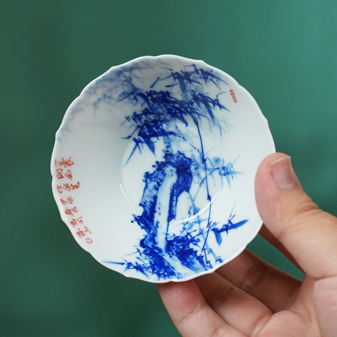 小桥窑 青花釉下彩竹石图葵口斗笠杯
