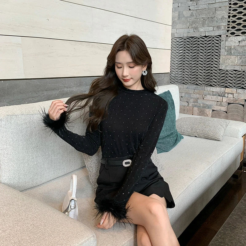 奢姿大码女装2024秋季减龄烫钻设计打底衫胖妹妹时尚穿搭套装