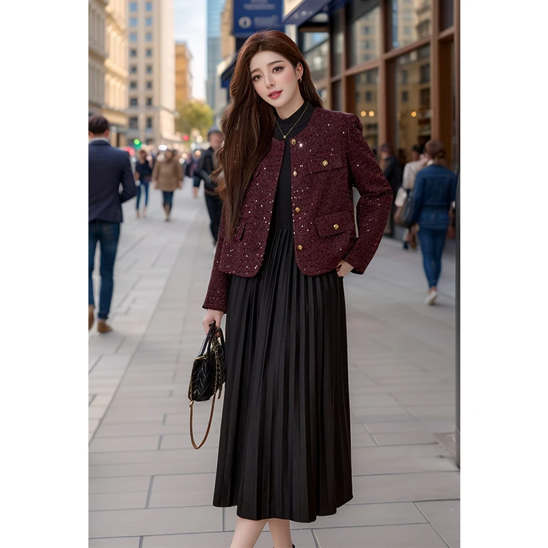 奢姿2024秋季新款大码女装外套连衣裙套装胖妹妹洋气小香风两件套