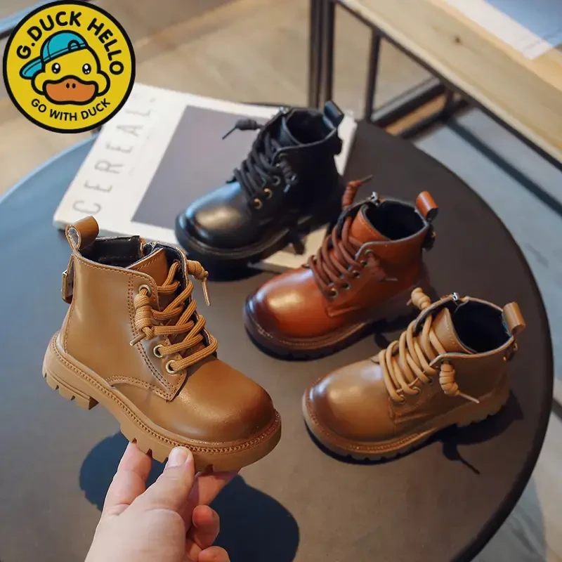 小黄鸭女童马丁靴儿童短靴秋冬季新款英伦风男童时尚休闲加绒短靴