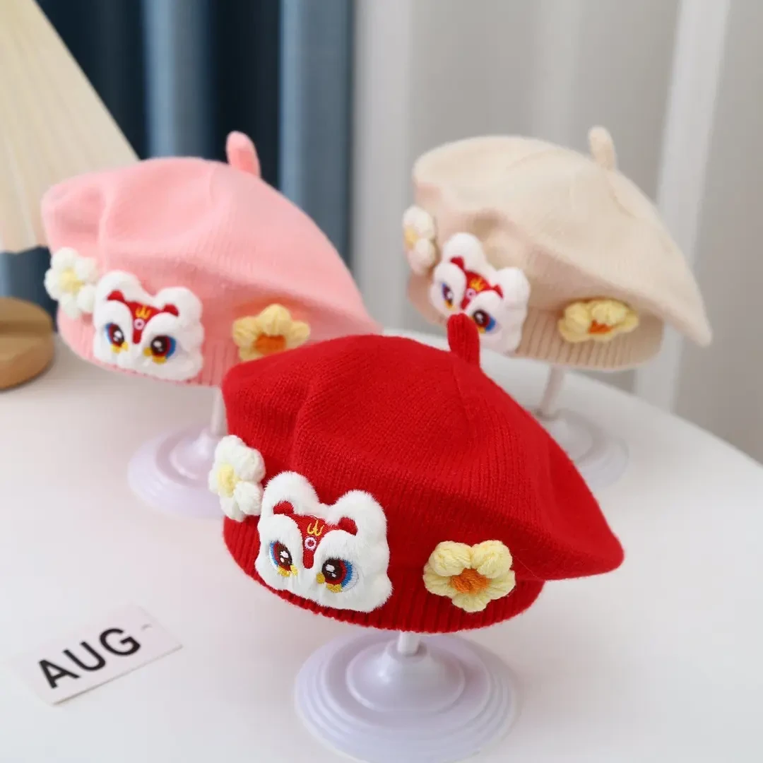婴幼儿帽子秋冬季男女宝宝红色贝雷帽可爱超萌新年红色毛线帽针织
