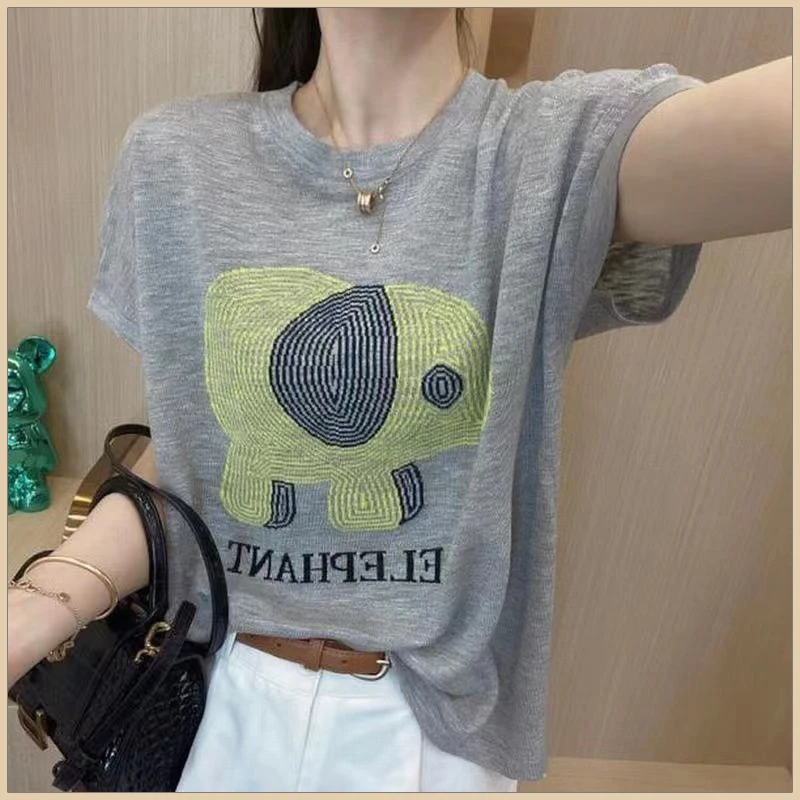 夏季薄款韩版时尚印花小像竹节棉短袖T恤女气质洋气纯棉上衣潮