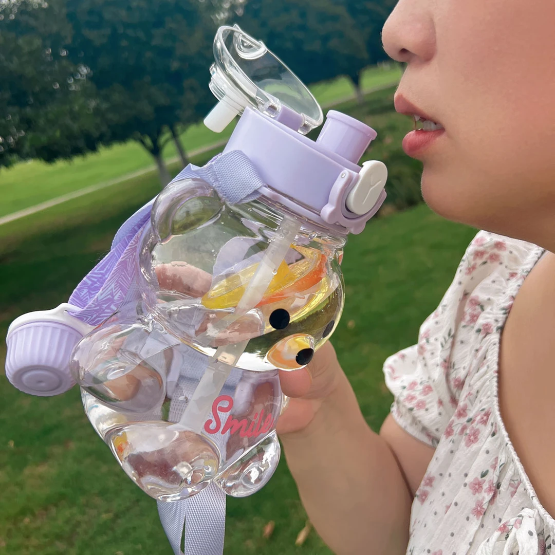 学生吸管水杯可爱双饮卡通熊塑料超厚耐摔清新吸管太空杯白领水壶