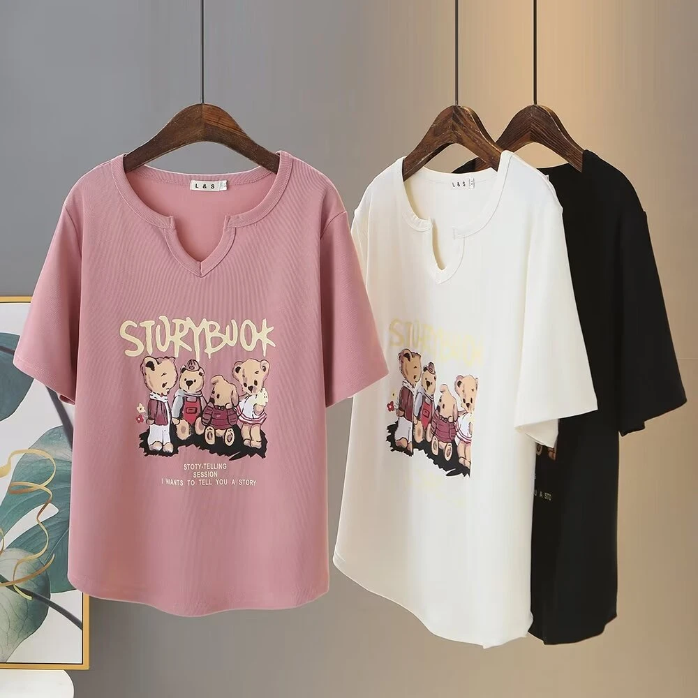 大码T恤100-200斤小熊印花T恤显瘦百搭休闲半袖减龄宽松韩版卡通