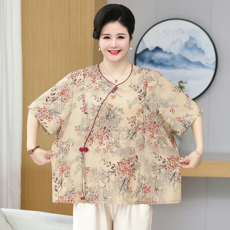 中老年洋气套装夏装短袖大码女装上衣新国风妈妈装时尚遮肚两件套