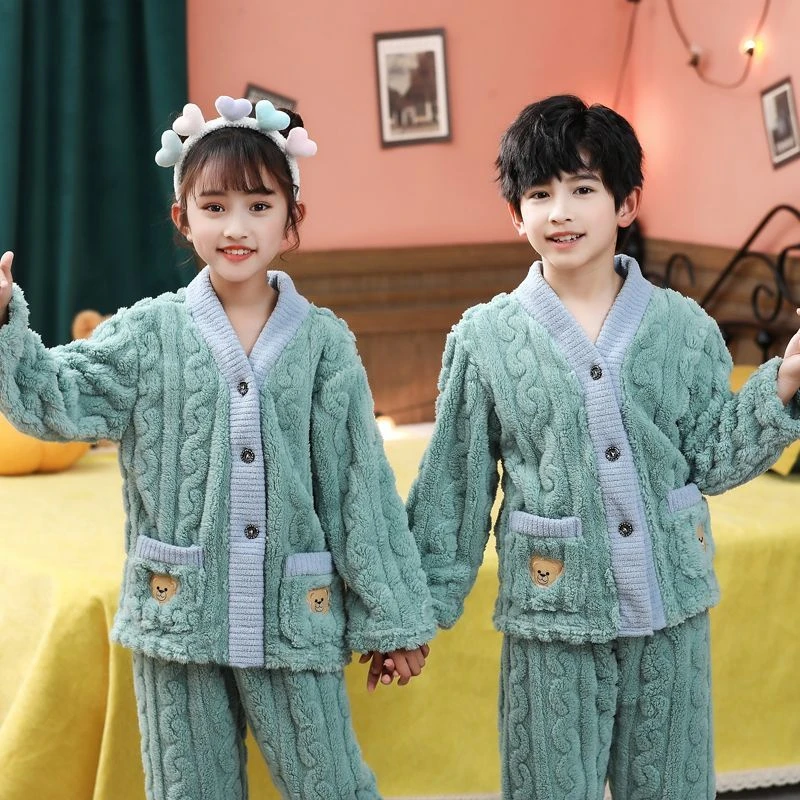 男童冬季舒棉绒睡衣小女孩加厚款法兰绒套装中大童保暖舒适家居服