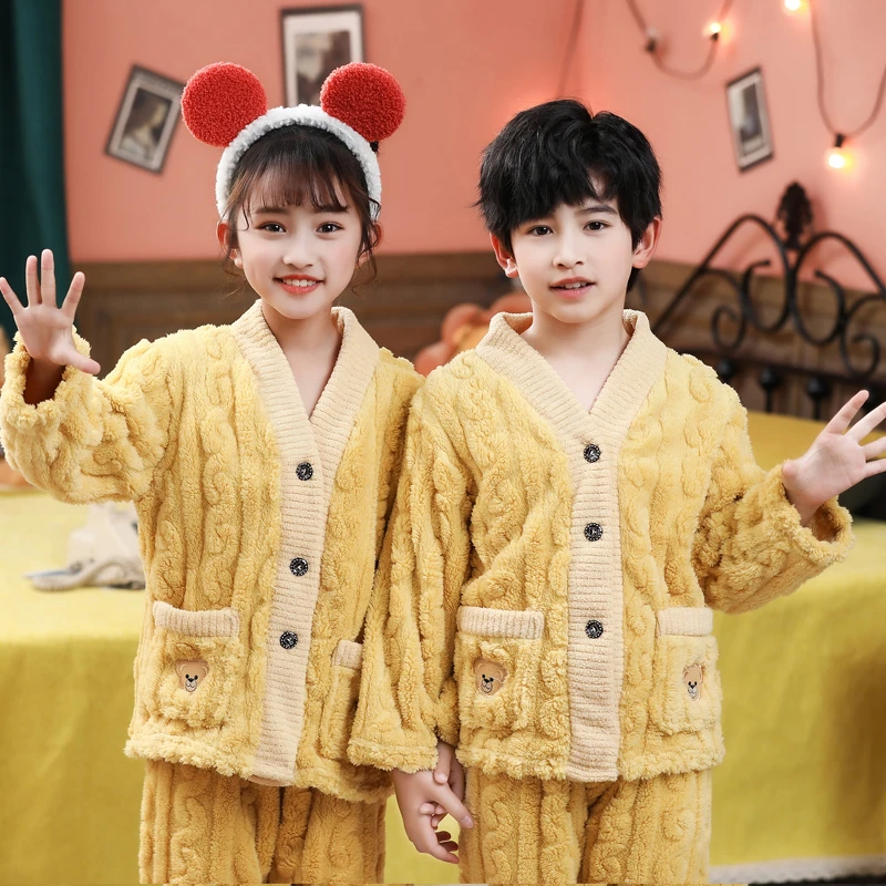 男女童睡衣秋冬季加厚法兰绒套装中大男女孩儿童珊瑚绒保暖家居服