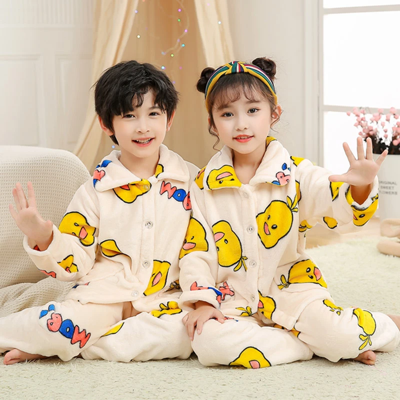 秋冬儿童法兰绒睡衣中大童加厚男童女童长袖宝宝珊瑚绒家居服套装