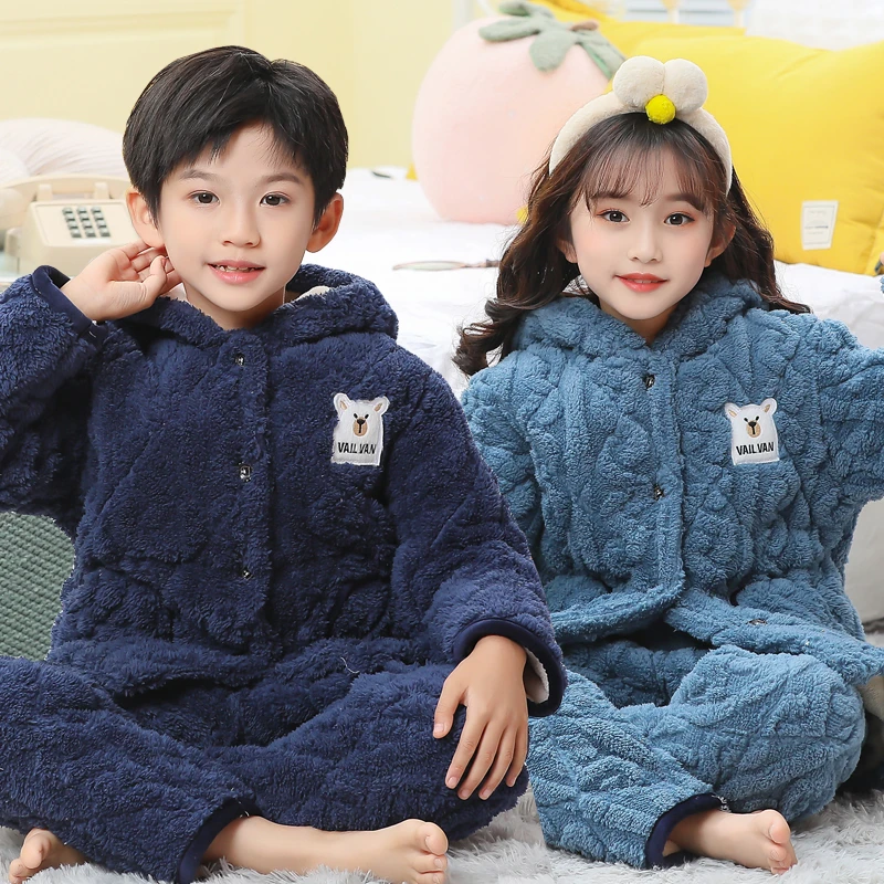 儿童睡衣秋冬季加厚款男童珊瑚绒三层夹棉法兰绒中大童女孩家居服