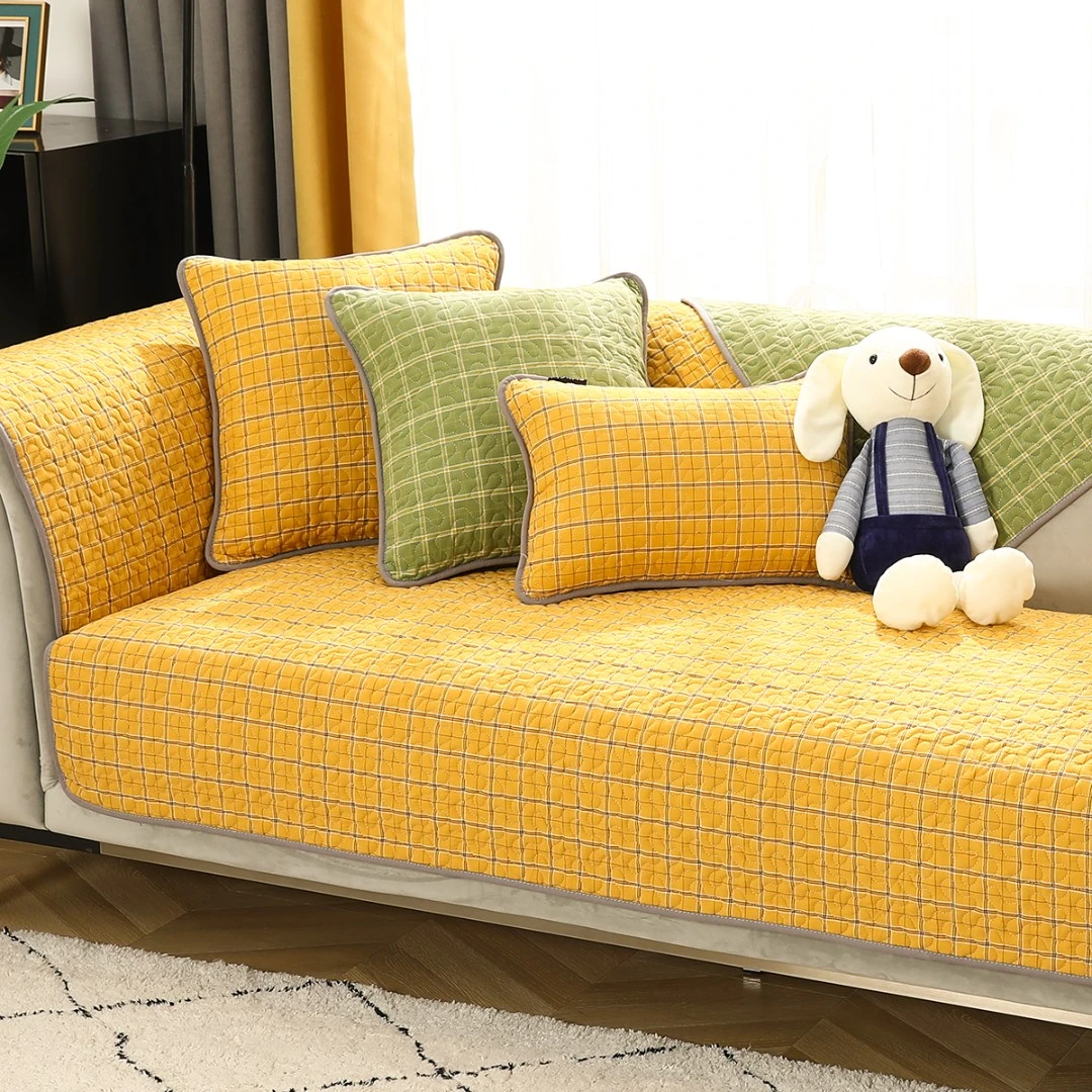 居家好物四季通用纯棉防滑沙发垫现代简约格子全棉沙发坐垫套罩巾