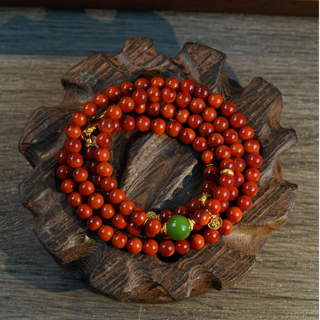 【凤鸣珠宝】馆藏级天然原矿18K金镶牛血红108南红项链 X-69 国风