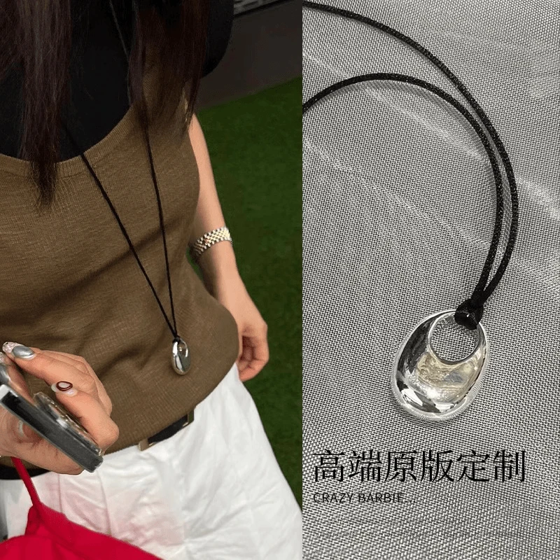 铜合金布艺项链 2024新款银色吊坠黑绳项链长款小众高级感毛衣链