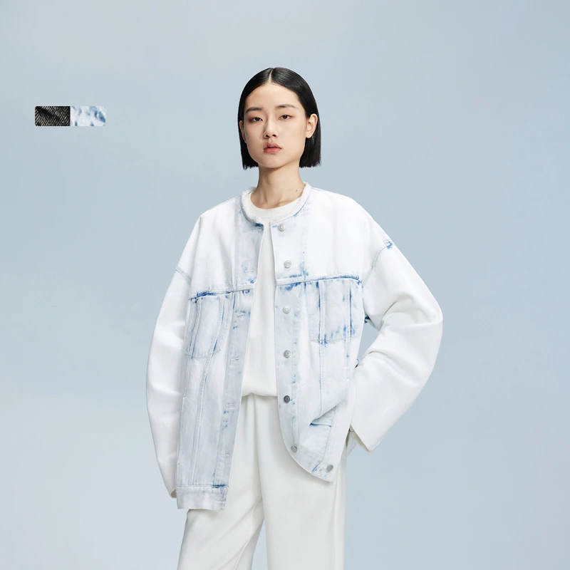 LESS春秋水洗牛仔夹克女无领毛边休闲复古做旧宽松外套2O8610250