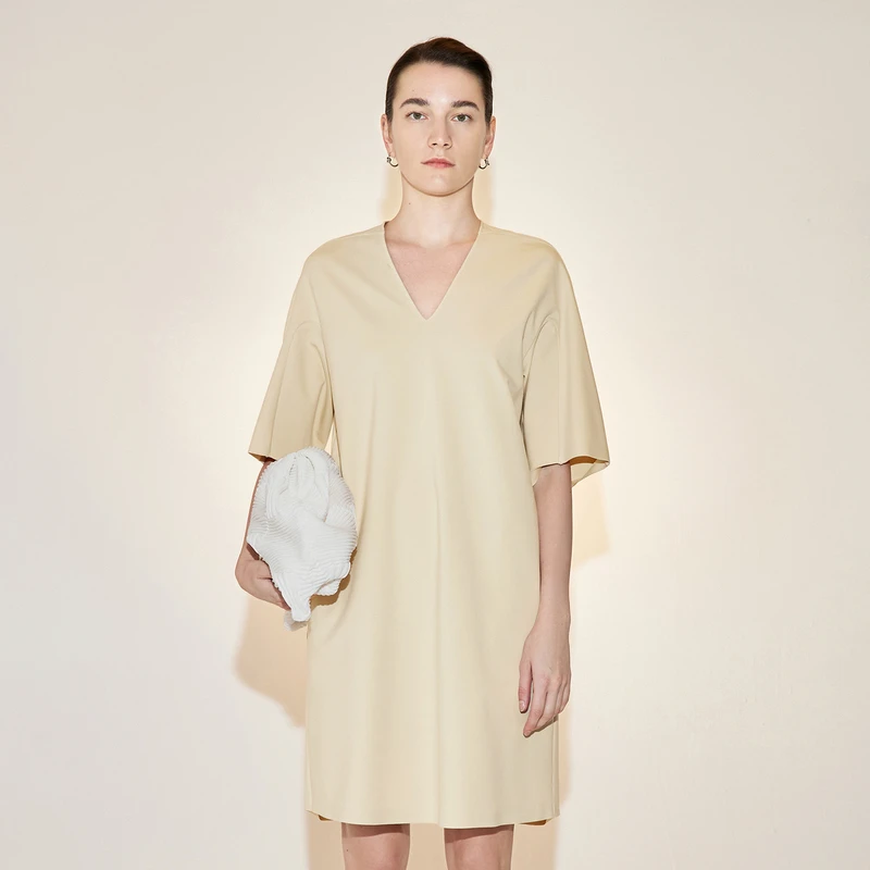 【迅系列】LESS夏季裙子女休闲简约V领中长款短袖连衣裙2N4G14310