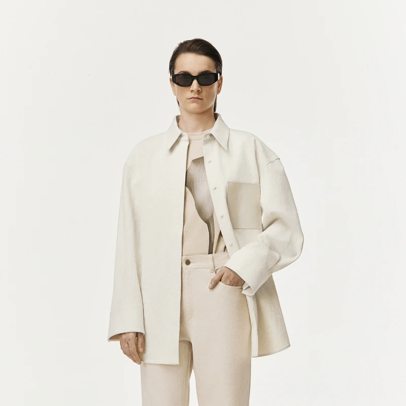 LESS春宽松牛仔衬衫女大口袋拼接百搭长袖衬衣含汗麻2O2210410