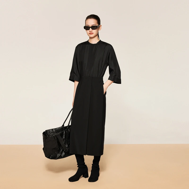 LESS春夏拼接连衣裙女黑色通勤简约气质收腰中袖裙子2O8G1475H