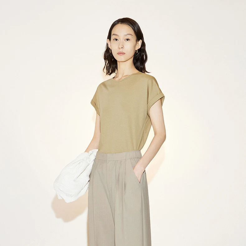 LESS夏季棉质T恤女简约质感纯色圆领短袖上衣含桑蚕丝2N4111770