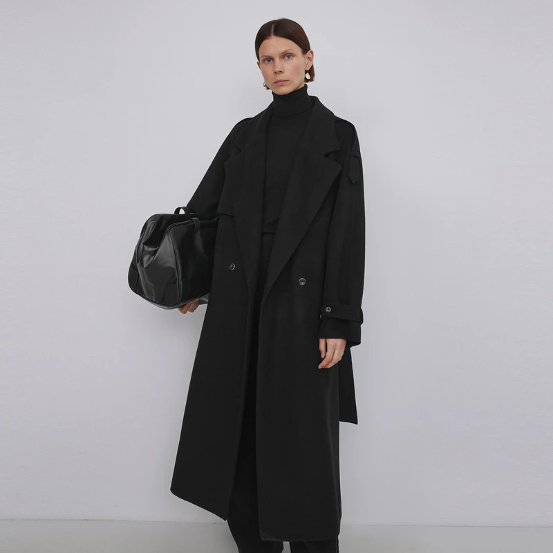 LESS冬季绵羊毛大女女宽松长款风衣式双面毛呢外套2NA812710