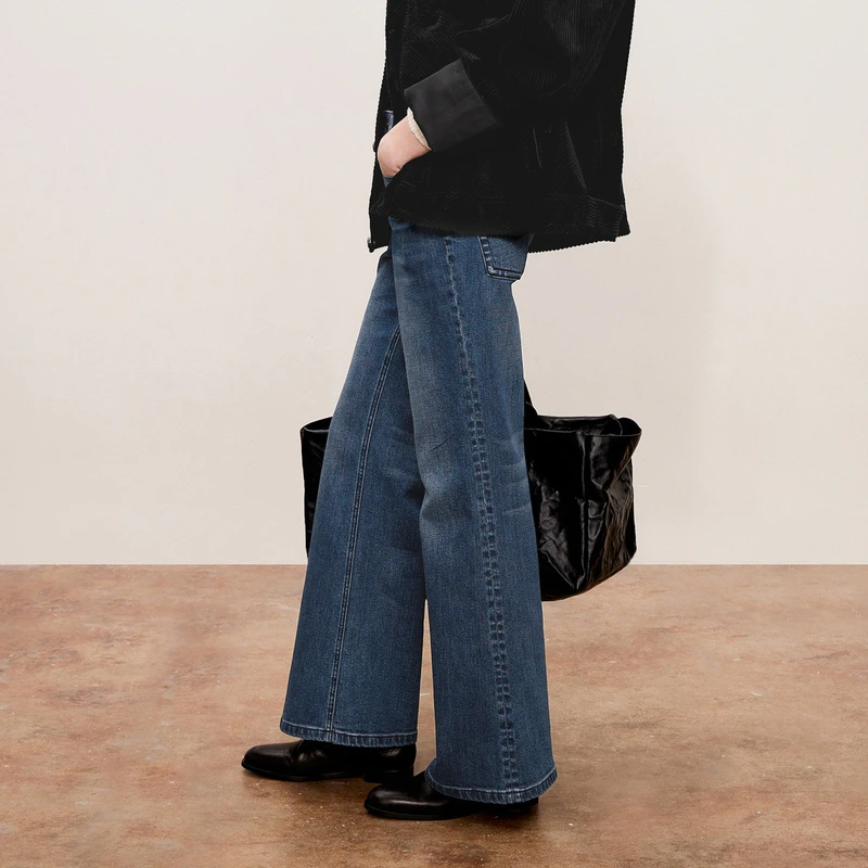 LESS春秋高腰微喇牛仔裤女休闲简约显瘦百搭复古长裤子2O8E12160