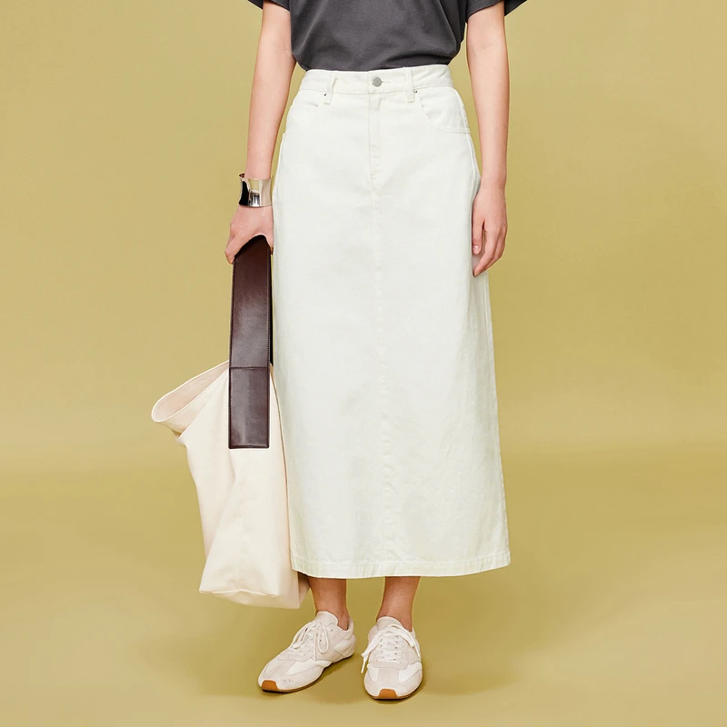 LESS白色全棉牛仔裙高腰复古百搭休闲中长款直筒半身裙2O4D11250