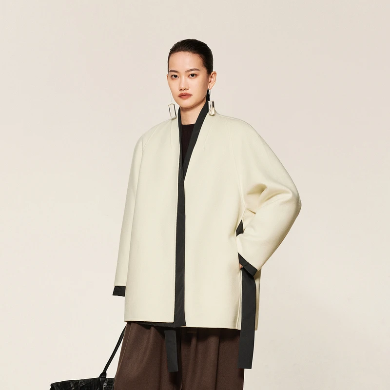 LESS冬季两件套毛呢大衣女无领系带气质高级感套装外套2O0H20370