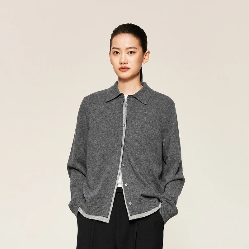 LESS春秋polo领针织衫女假两件休闲长袖短款开襟羊绒衫2O9314800