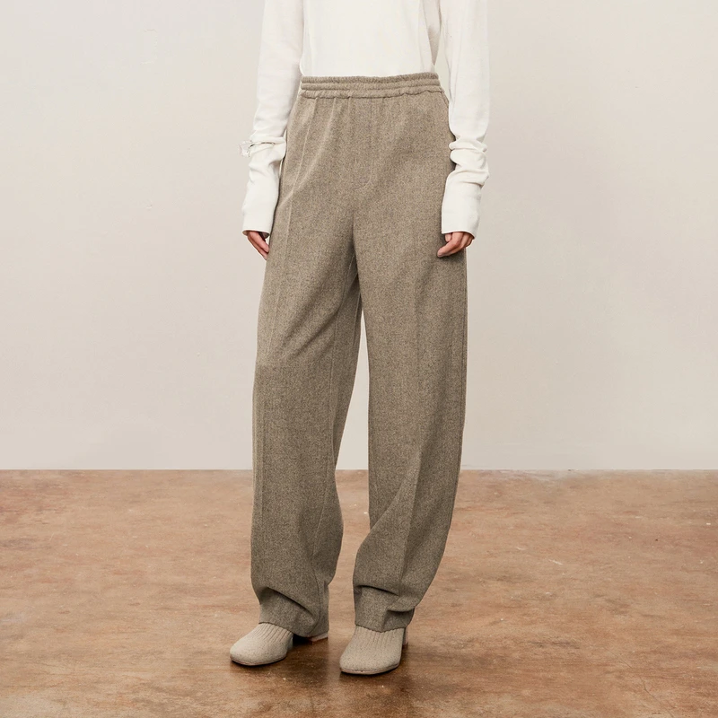 LESS进口绵羊毛阔腿休闲裤女秋冬松紧腰直筒纯色呢子裤2O9E10500