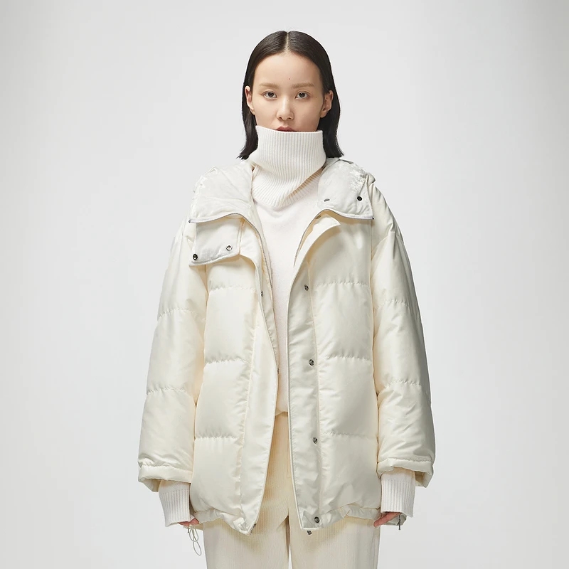LESS冬季白色连帽白鸭绒羽绒服女宽松加厚面包服外套2L9C1158A