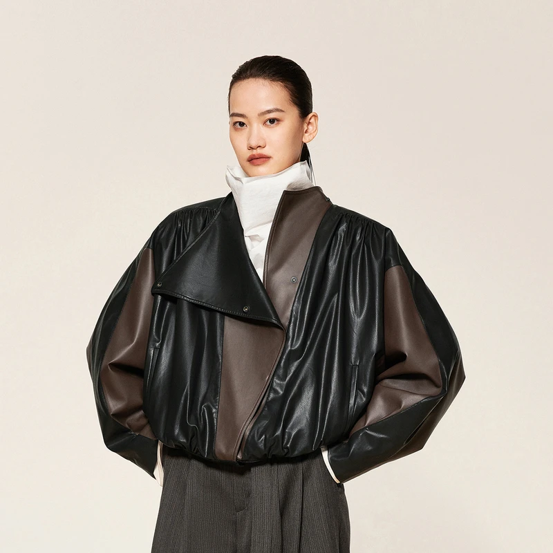 LESS春秋休闲撞色PU皮衣女复古机车感宽松时髦短外套女2O9A1481H